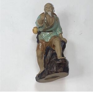 VTG,Shiwan Fishermen Missing Fishing Pole  Ceramic Figurine - Brown and Green